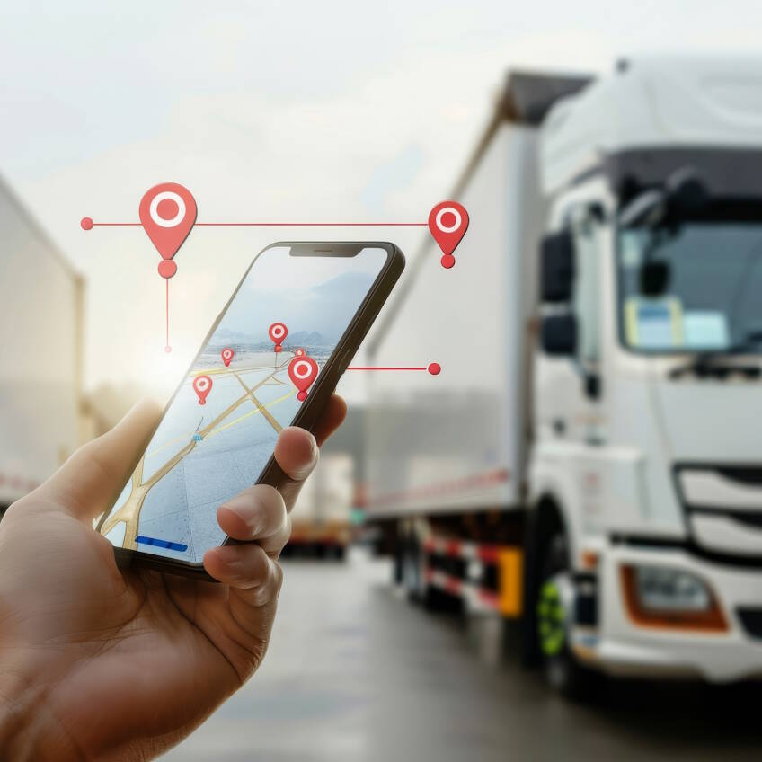 Close-up of a hand holding a smartphone with a GPS tracking app against trucks