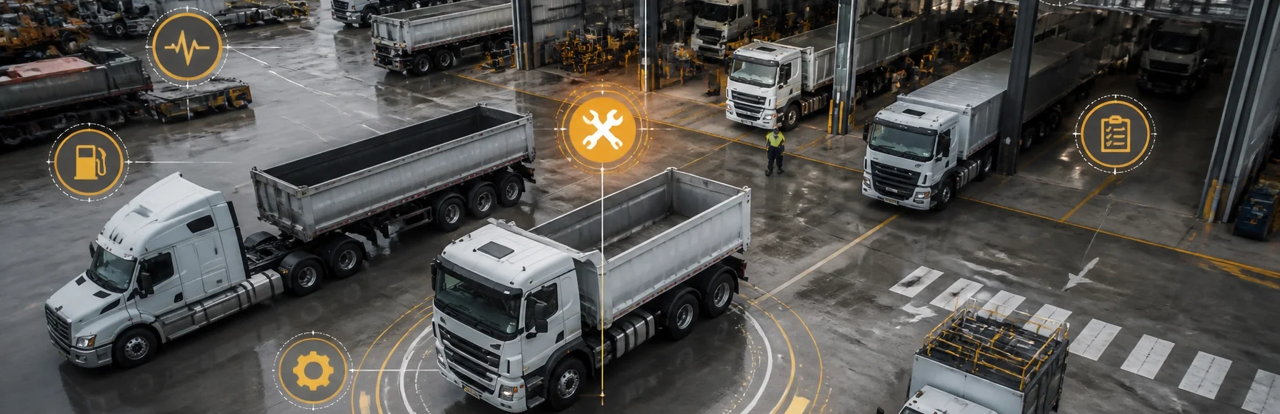A fleet of trucks at a workshop for maintenance