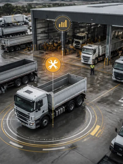 A fleet of trucks at a workshop for maintenance