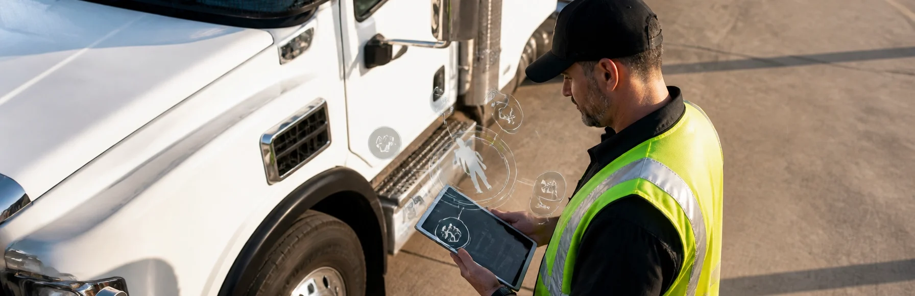 A truck driver completing a pre-trip form on a tablet