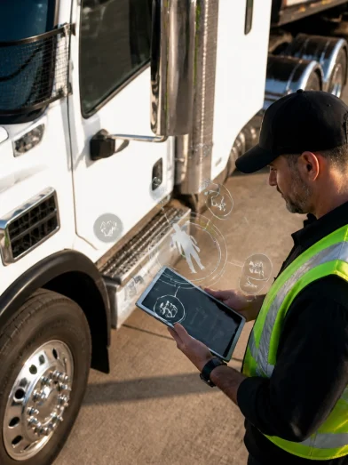 A truck driver completing a pre-trip form on a tablet
