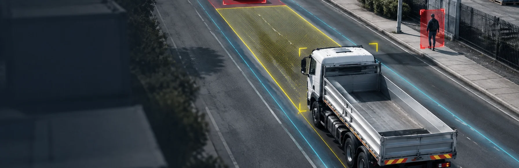 A truck with AI Detection Cameras highlighting pedestrians and vehicles ahead.