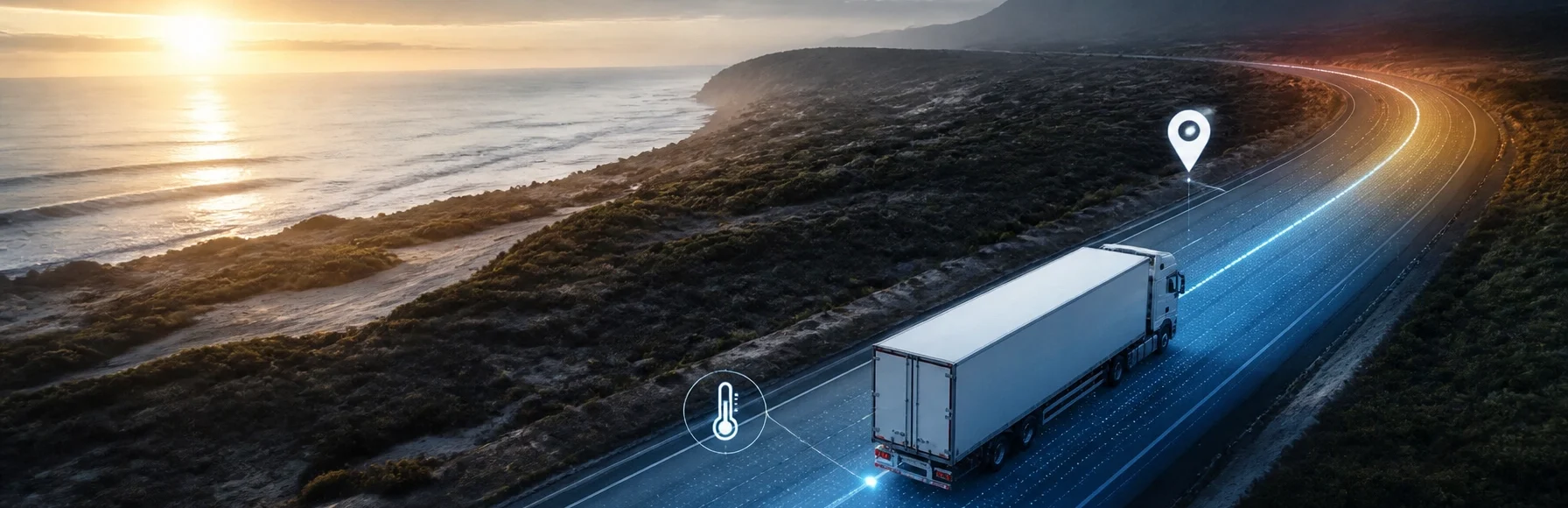 A truck driving down a road with location and temperature monitoring