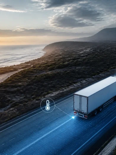 A truck driving down a road with location and temperature monitoring