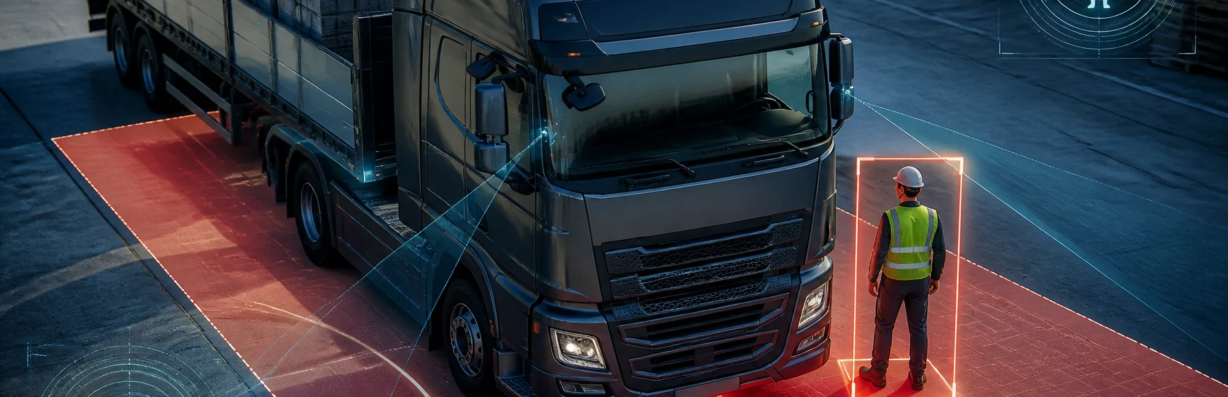 A truck with cameras detecting a human in close proximity.