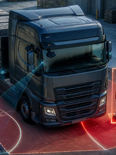 A truck with cameras detecting a human in close proximity.