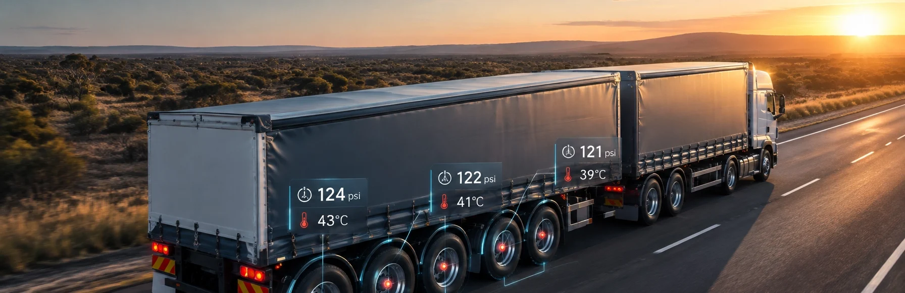 A truck driving with temperature and pressure monitors on its tyres.