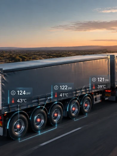 A truck driving with temperature and pressure monitors on its tyres.