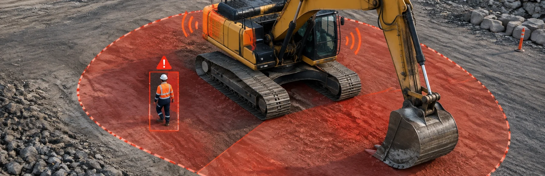 Excavator with cameras detecting blind spots