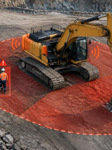 Excavator with cameras detecting blind spots
