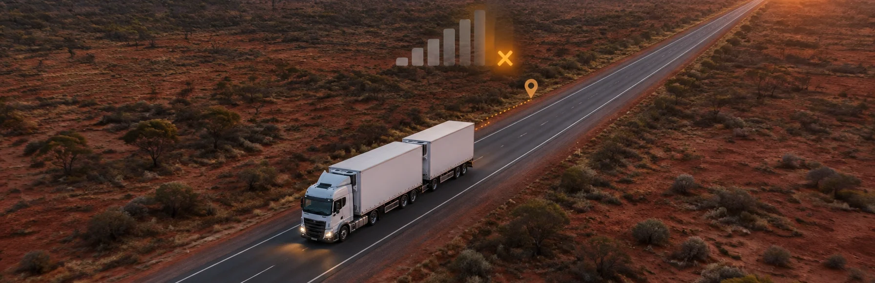 A truck driving through remote outback without mobile network service