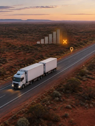 A truck driving through remote outback without mobile network service