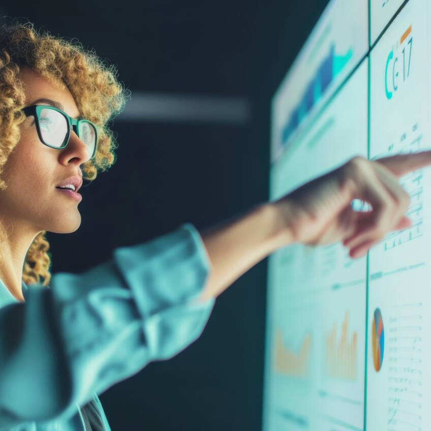 Analytical businesswoman presenting data on a large interactive display