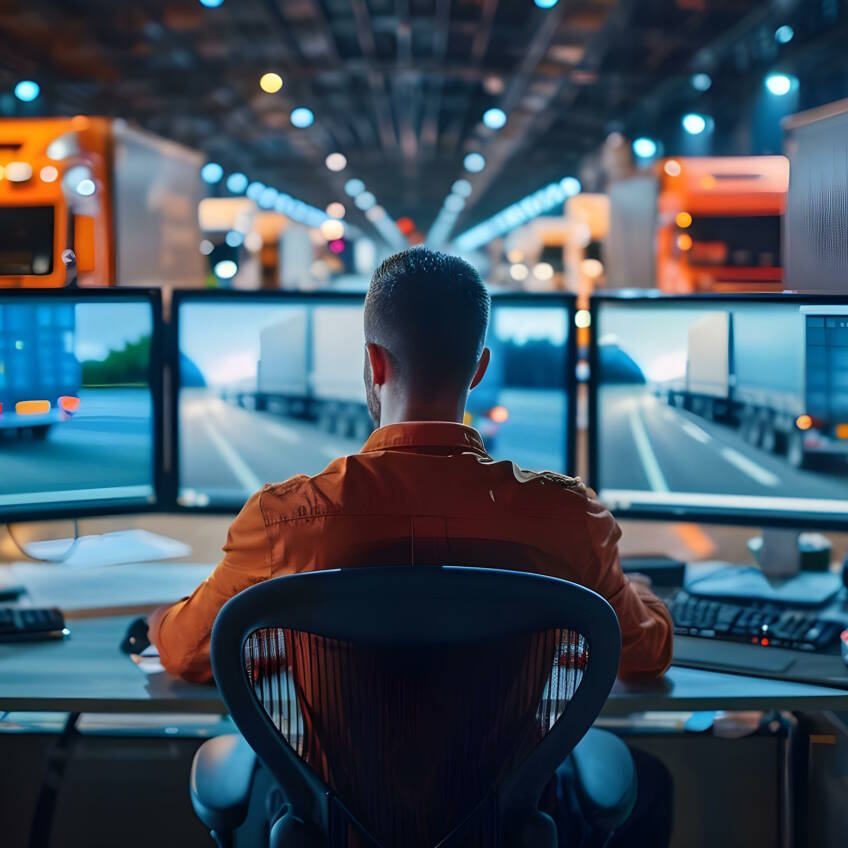 A person using multiple monitors, utilising technology to efficiently monitor a fleet of trucks