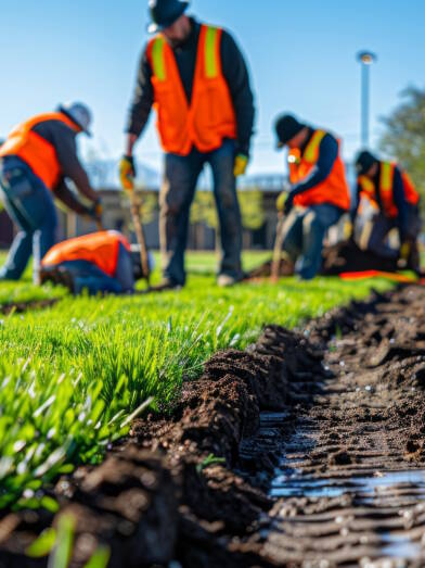 Team of council workers meticulously installing new grass in a public park