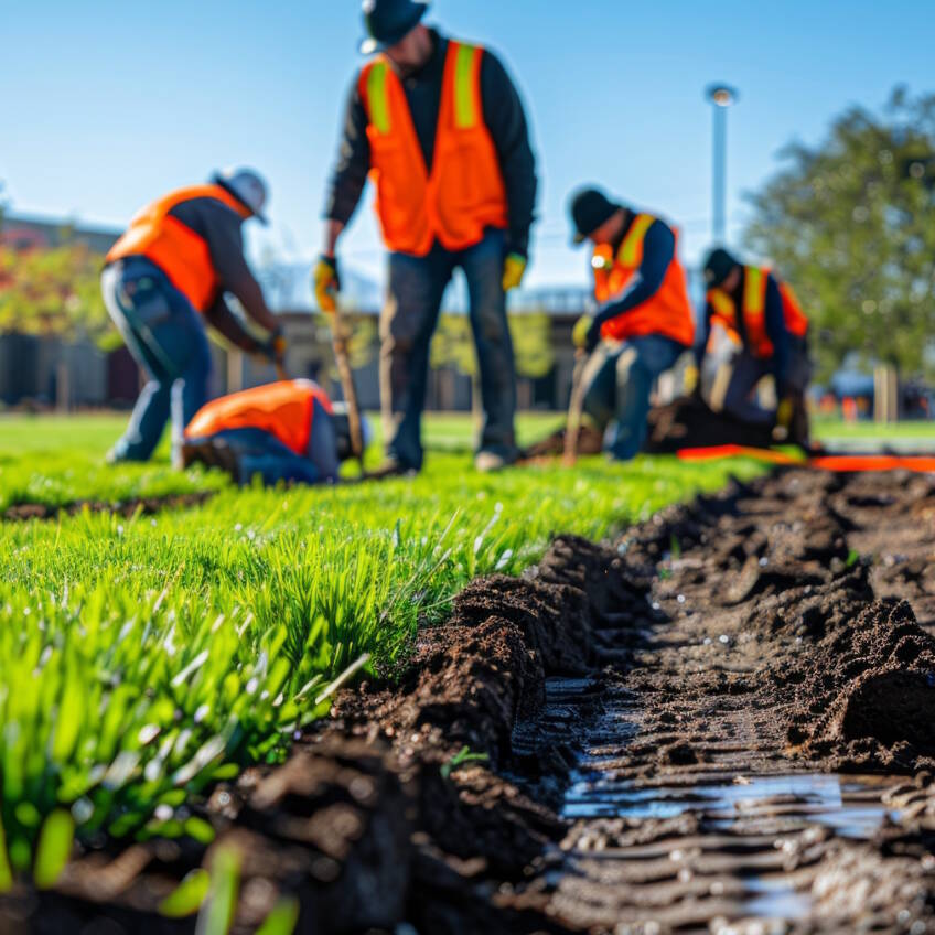 Team of council workers meticulously installing new grass in a public park