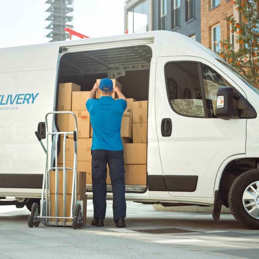 Delivery Man Uses Hand Truck Trolley Full of Cardboard Boxes