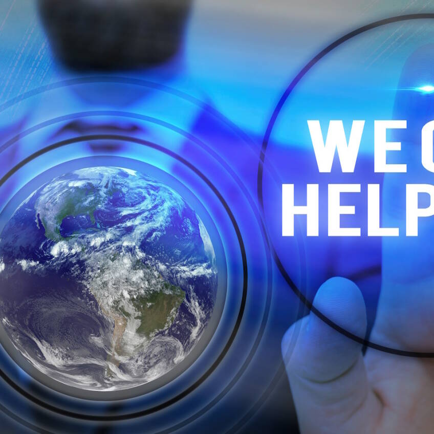 A person reaching out to a sign that says "we can help you"