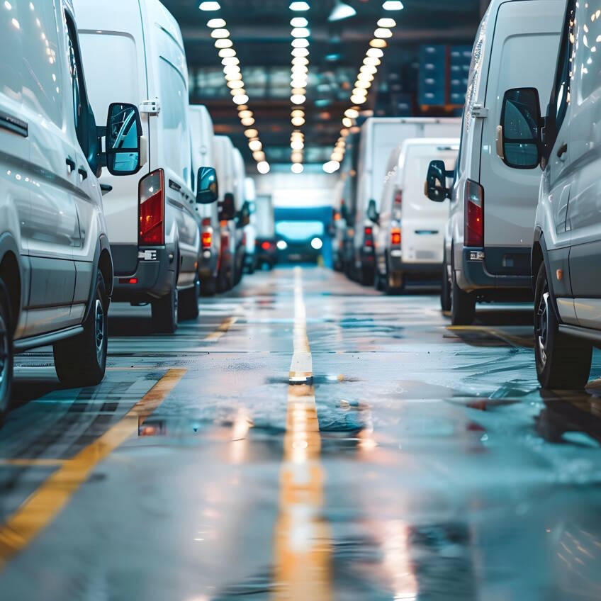A fleet of white vans and trucks all parked in the same direction