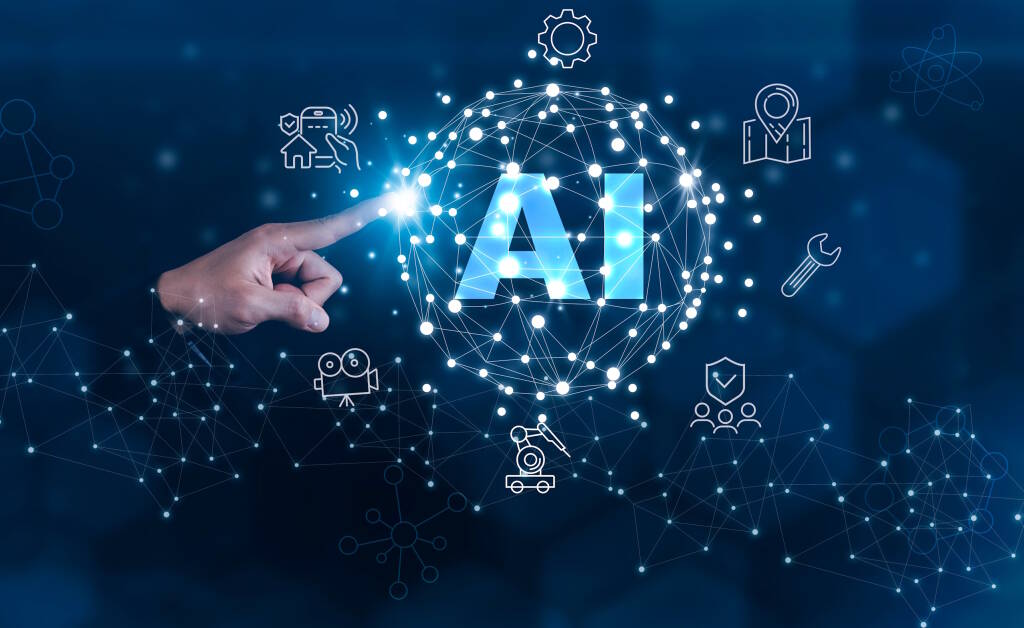 A person touch a holographic projection showing artificial intelligence (AI) concepts