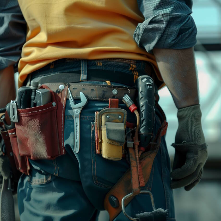 A man in a yellow shirt and blue jeans holding a tool belt in a close-up shot.