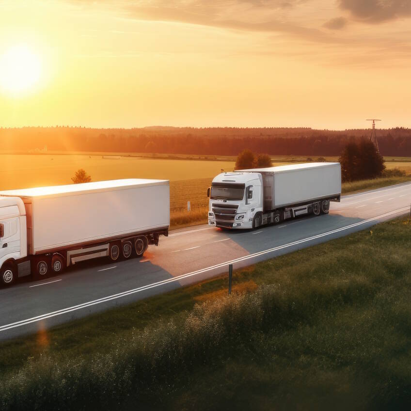 Delivery cargo trucks driving in motion on highway road in country field and sunset landscape